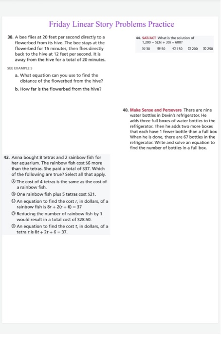 Linear Story Problem Table Solved © 250 Friday Linear Story Problems Practice 38. A bee | Chegg.com