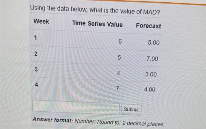 Solved Using the data below, what is the value of MAD? | Chegg.com
