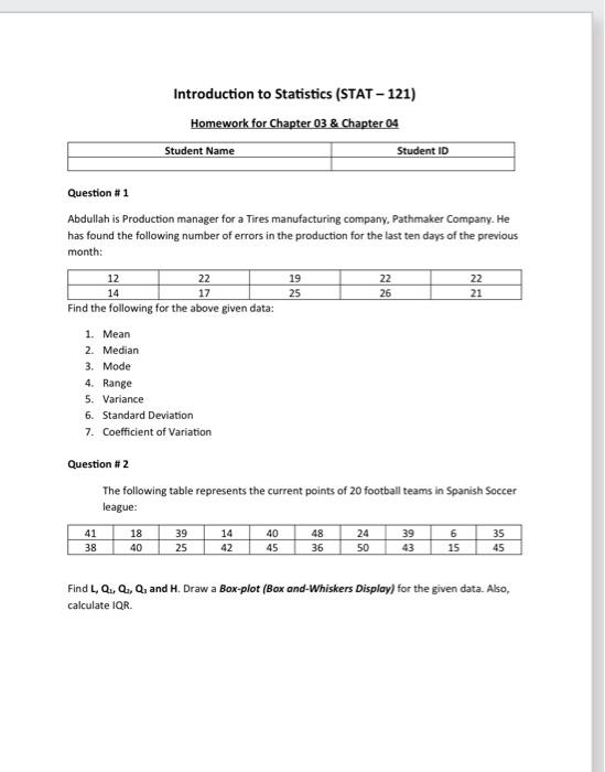 Solved Introduction To Statistics (STAT - 121) Homework For | Chegg.com