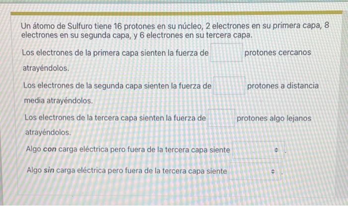 Un átomo de Sulfuro tiene 16 protones en su núcleo, 2 electrones en su primera capa, 8 electrones en su segunda capa, y 6 ele