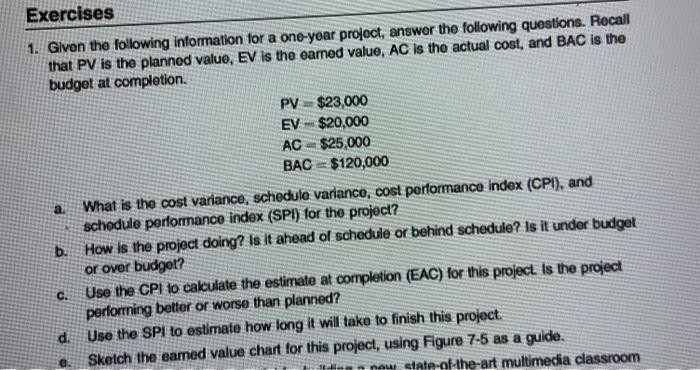 Solved Exercises 1. Given the following information for a | Chegg.com