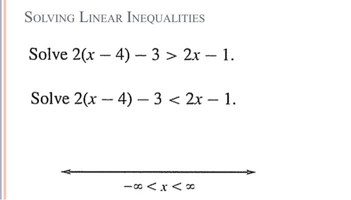 Solved SOLVING LineAR INEQUALITIES Solve 2(x−4)−3>2x−1 Solve | Chegg.com