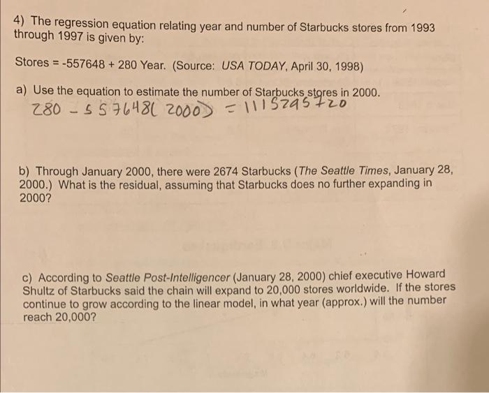 Solved 4) The regression equation relating year and number | Chegg.com