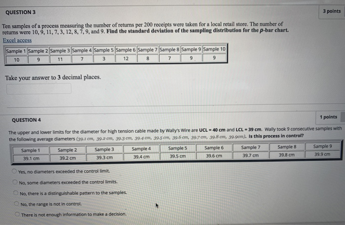 Solved QUESTION 3 3 points Ten samples of a process | Chegg.com