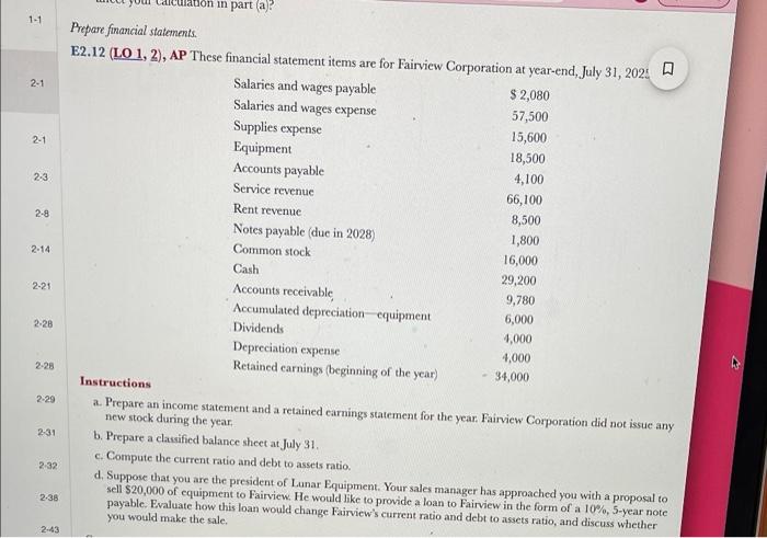 Solved Prepare financial statements. E2.12 (LO 1, 2), AP | Chegg.com