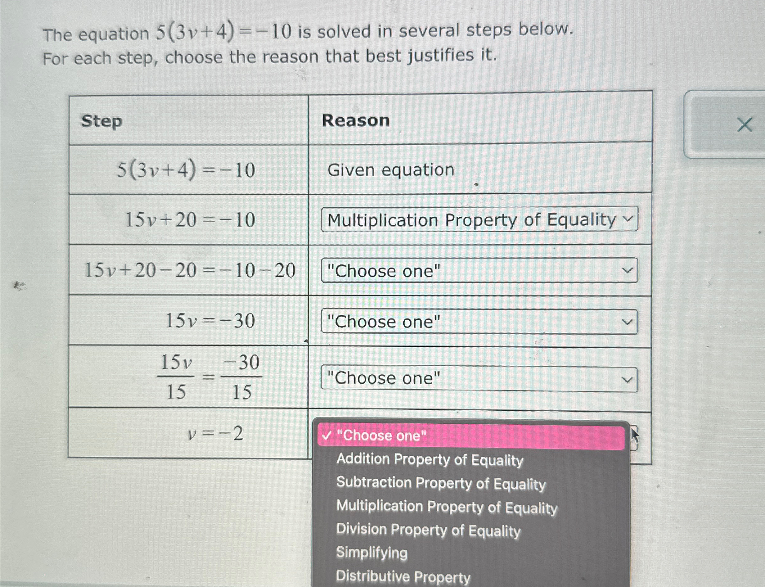 Solved The equation 5(3v+4)=-10 ﻿is solved in several steps | Chegg.com