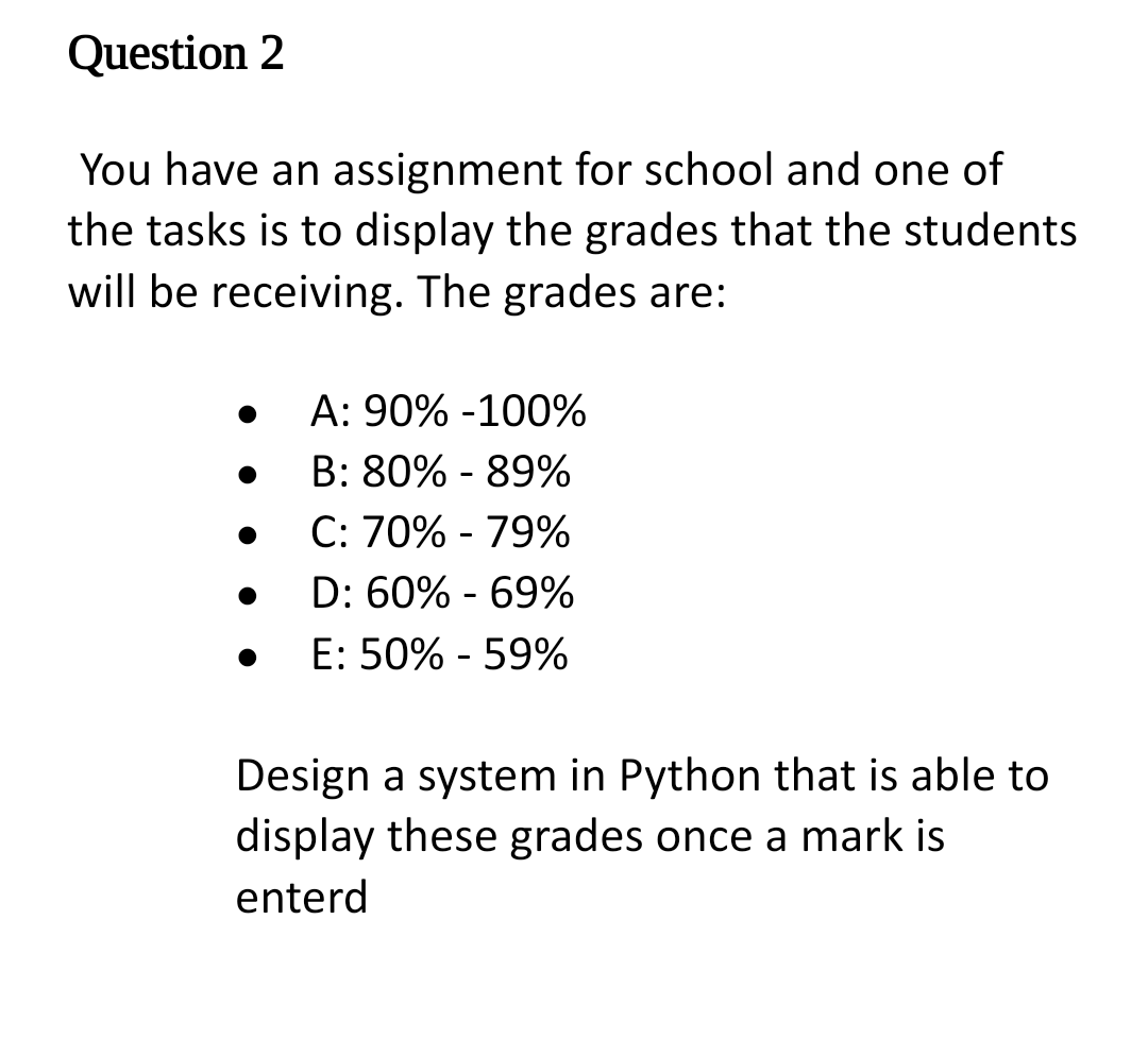 Student Mark Grade Python You have an assignment for school and one of the | Chegg.com