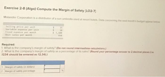 Solved Exercise 2-8 (Algo) Compute the Margin of Safety | Chegg.com
