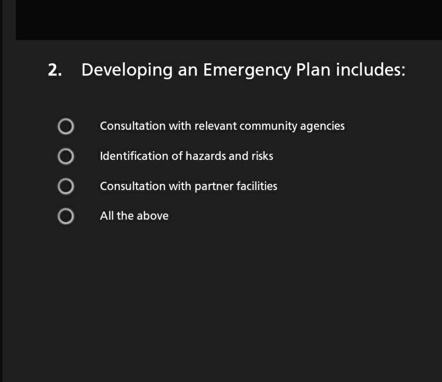 2. Developing an Emergency Plan includes: O Consultation with relevant community agencies Identification of hazards and risks