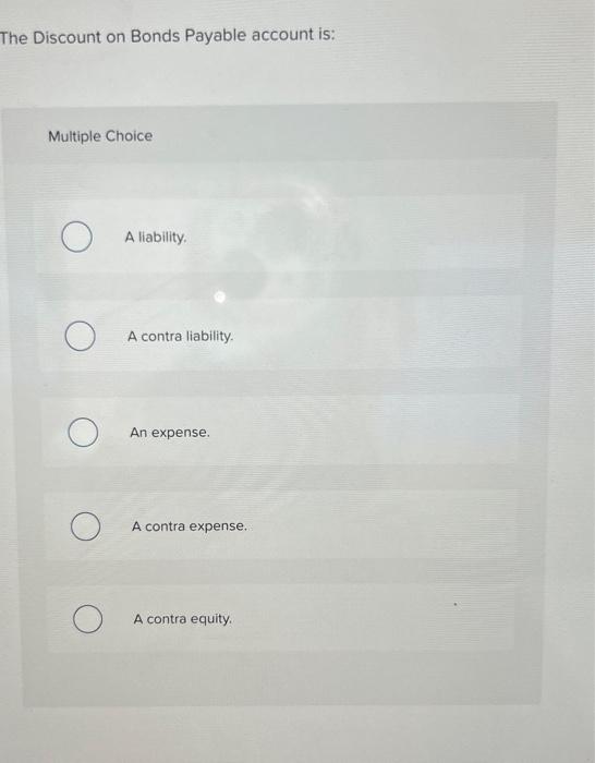 Solved The Discount on Bonds Payable account is: Multiple | Chegg.com