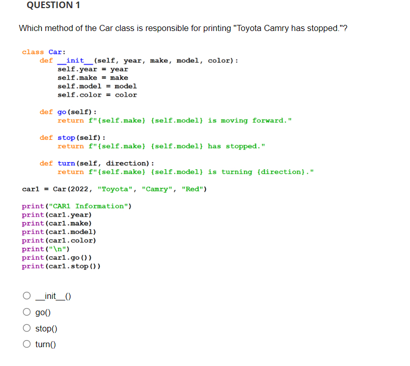 Solved QUESTION 1Which method of the Car class is | Chegg.com