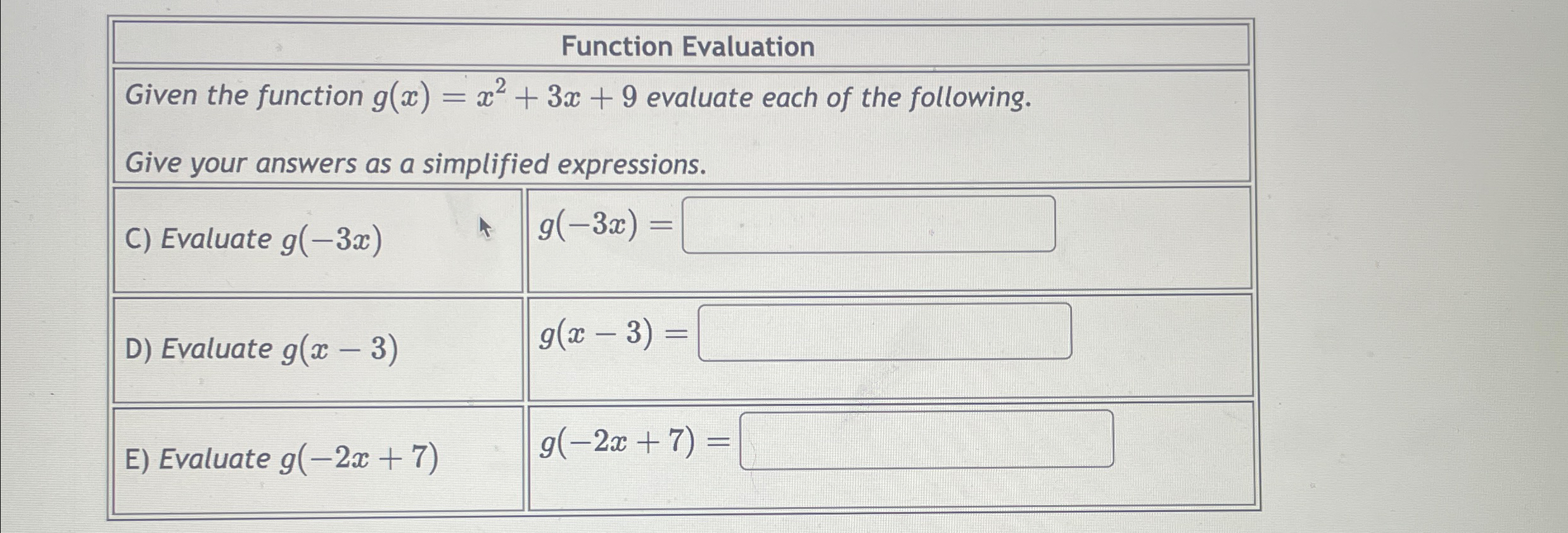 Solved Function EvaluationGiven the function g(x)=x2+3x+9 | Chegg.com