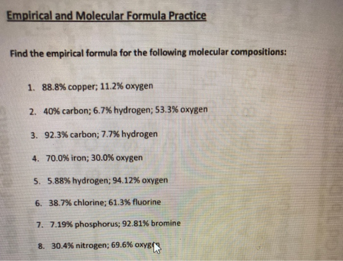 Solved Empirical and Molecular Formula Practice Find the | Chegg.com