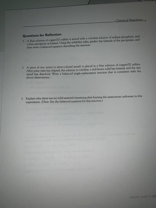Solved Chemical Reactions Questions for Reflection 1. A blue | Chegg.com