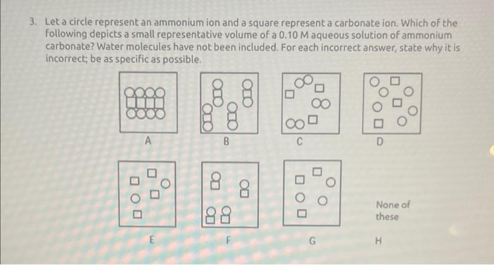 Let a circle represent an ammonium ion and a square represent a carbonate ion. Which of the following depicts a small represe