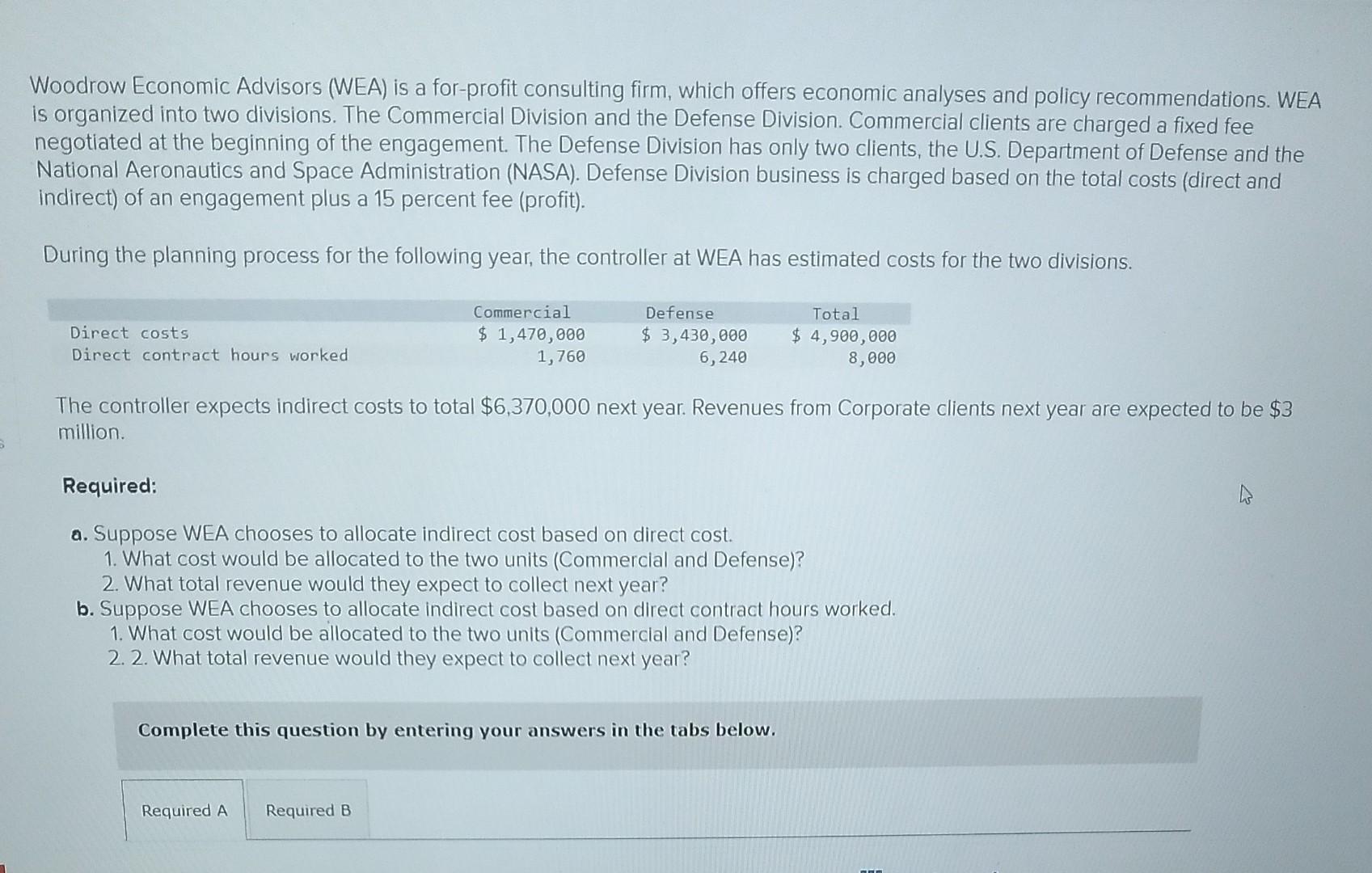 Solved Woodrow Economic Advisors (WEA) is a for-profit | Chegg.com