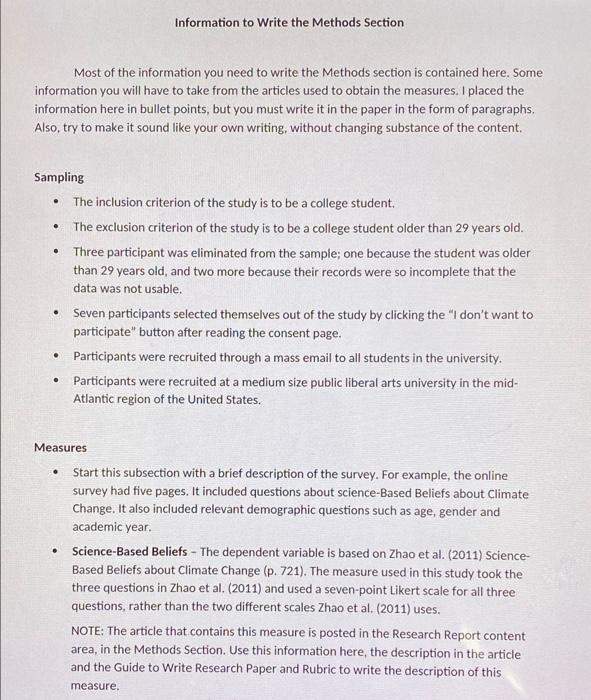 Solved Information to write the Methods Section Most of the | Chegg.com
