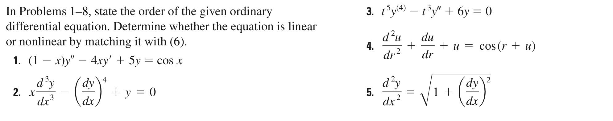 Solved In Problems 1-8, state the order of the given | Chegg.com