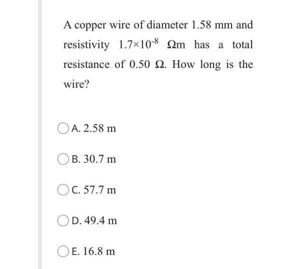 Solved A copper wire of diameter 1.58 mm and resistivity