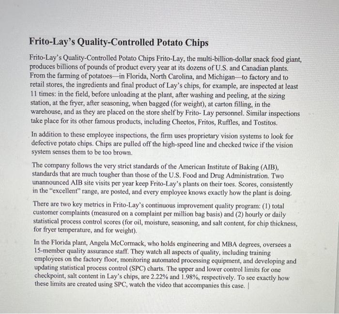 Solved Frito-Lay's Quality-Controlled Potato Chips | Chegg.com