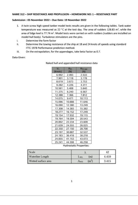 Solved NAME 312 - SHIP RESISTANCE AND PROPULSION - HOMEWORK | Chegg.com