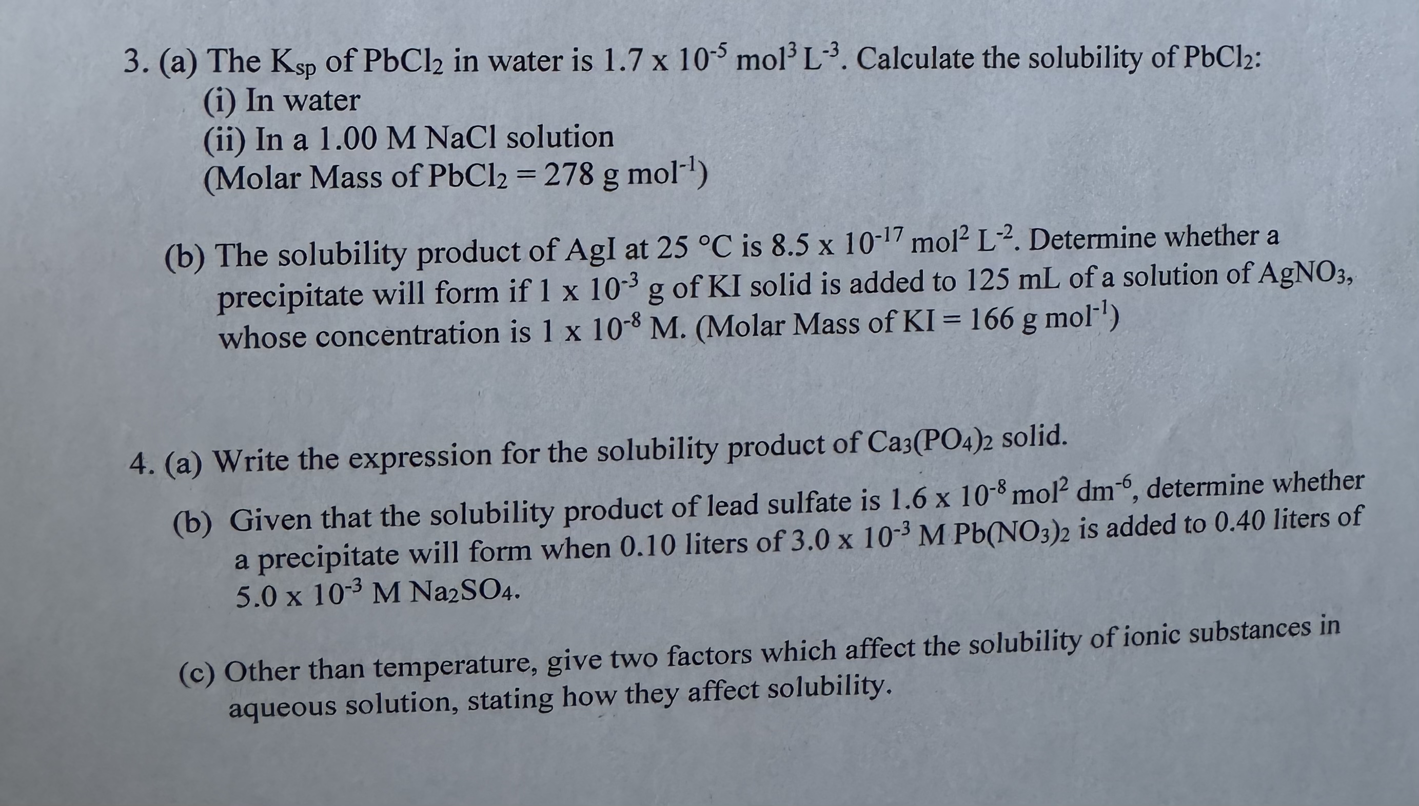 Solved (a) ﻿The Ksp ﻿of PbCl2 ﻿in water is 1.7×10-5mol3L-3. | Chegg.com