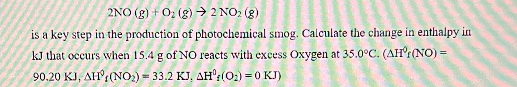 Solved The oxidation of Nitric Oxide 2NO(g)+O2(g)→2NO2(g)is | Chegg.com
