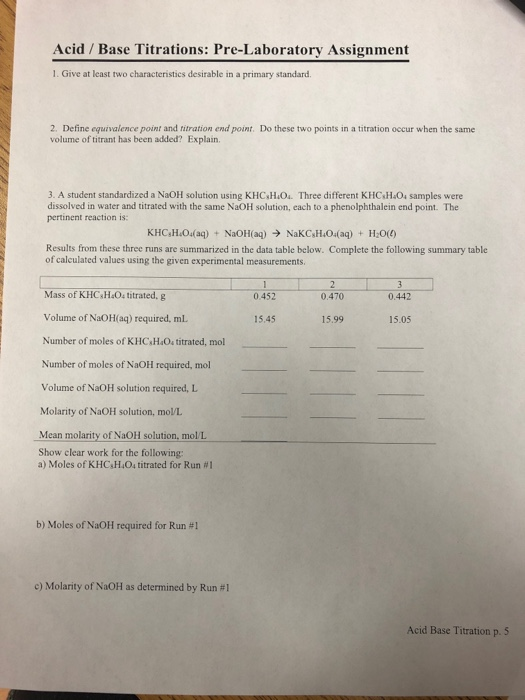 Solved Acid / Base Titrations PreLaboratory Assignment 1.