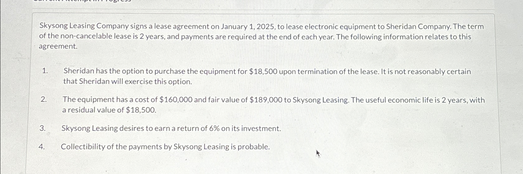 Solved Skysong Leasing Company signs a lease agreement on | Chegg.com