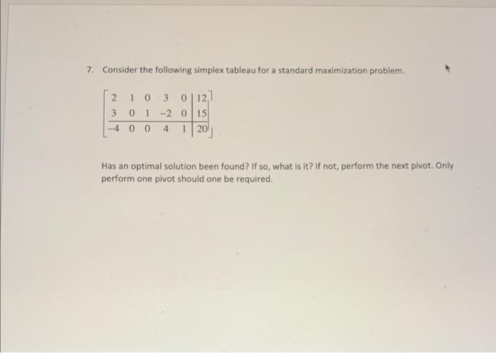 Solved 7. Consider the following simplex tableau for a | Chegg.com