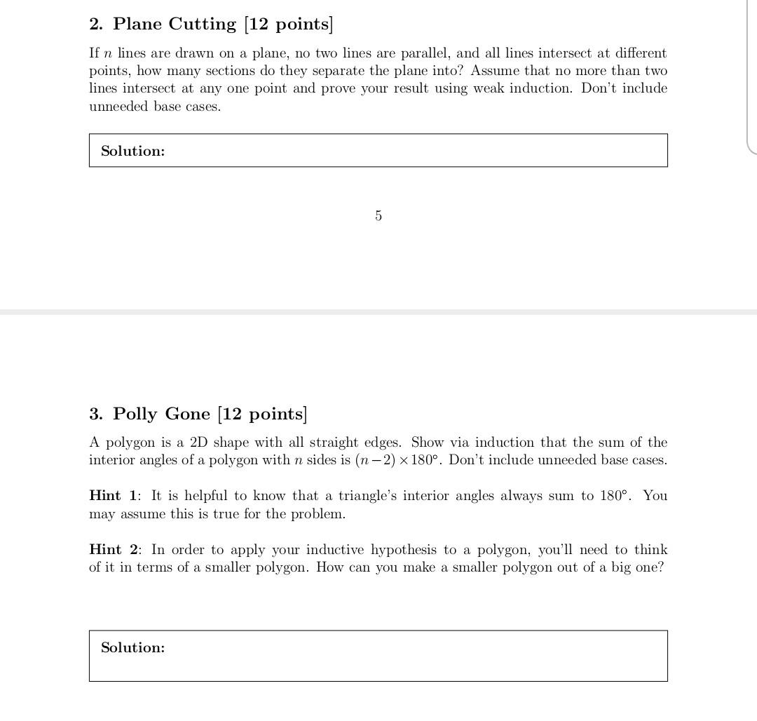 Solved 2. Plane Cutting [ 12 points] If n lines are drawn on | Chegg.com