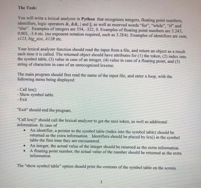 Solved The Task: You will write a lexical analyzer in Python | Chegg.com