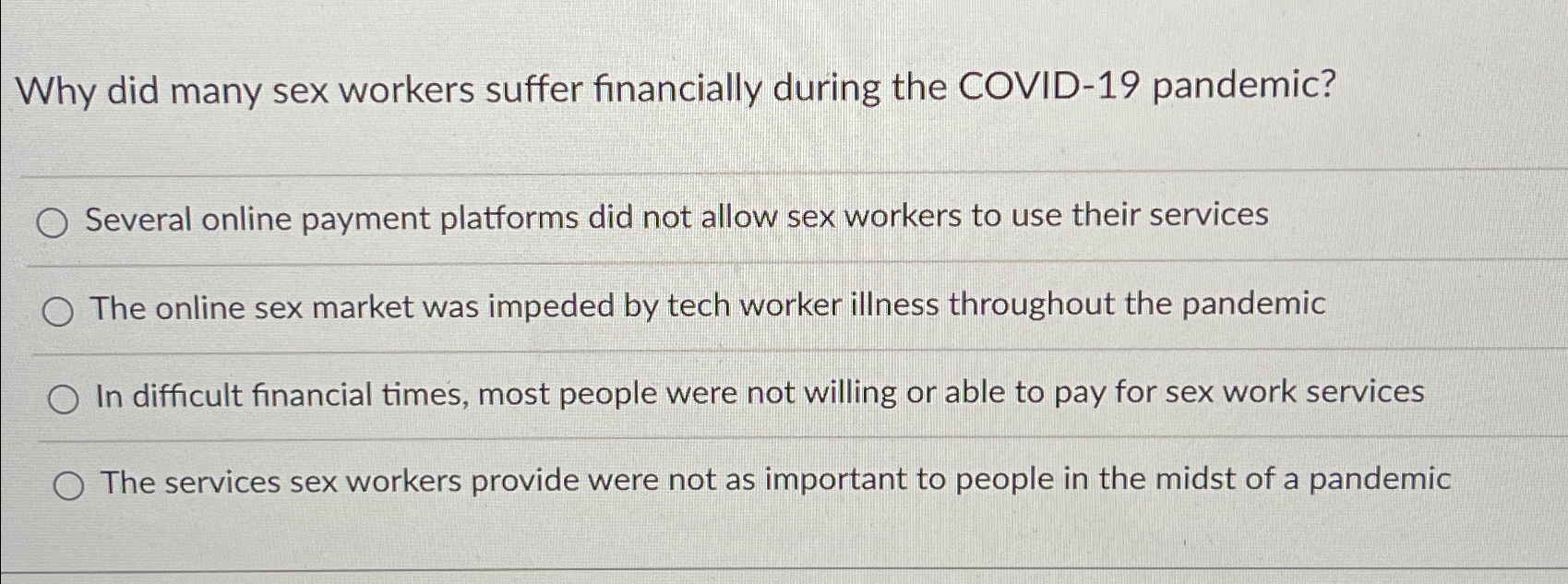 Solved Why did many sex workers suffer financially during | Chegg.com