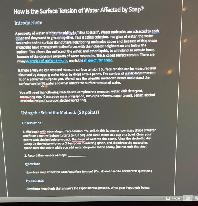 Solved How is the Surface Tension of Water Affected by Soap?