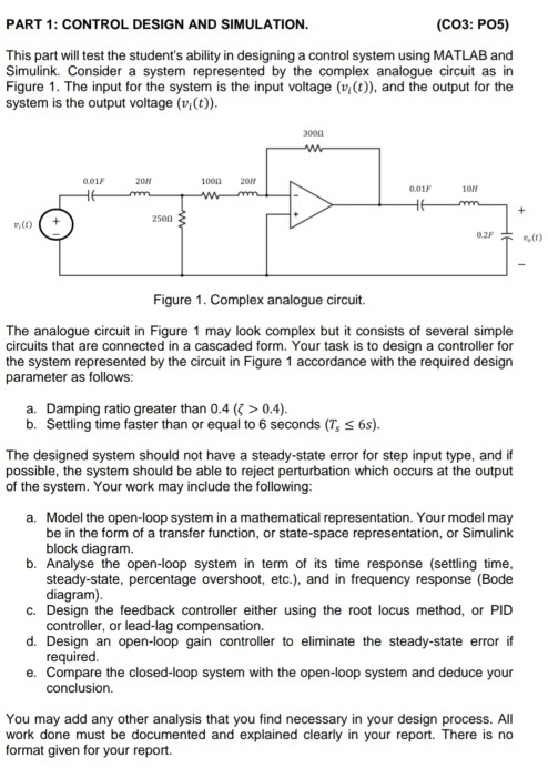 Solved PART 1: CONTROL DESIGN AND SIMULATION. (CO3: P05) | Chegg.com