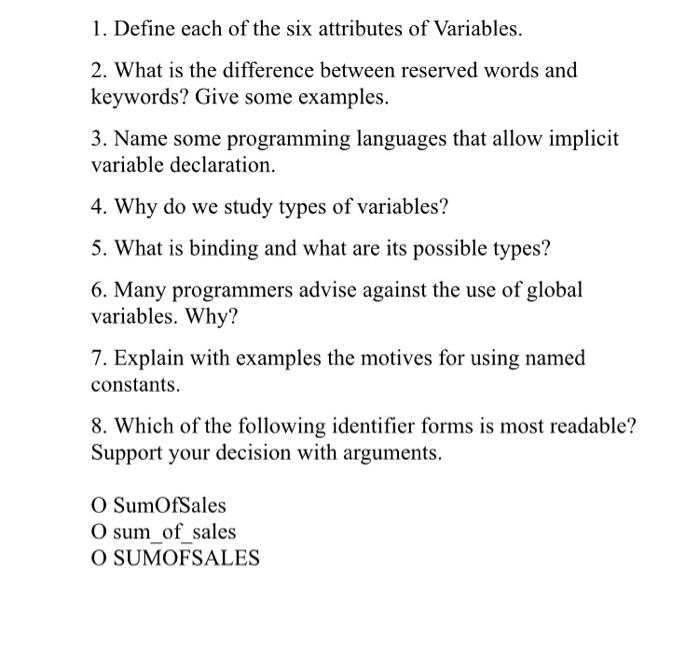 Solved 1. Define each of the six attributes of Variables. 2. | Chegg.com