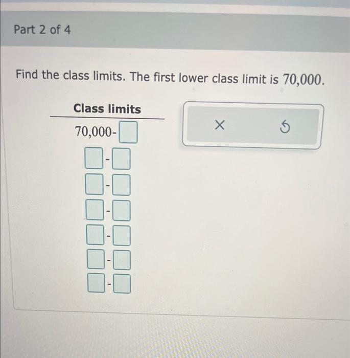 Find the class limits. The first lower class limit is | Chegg.com