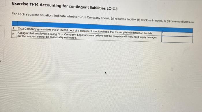 Solved Exercise 11-14 Accounting For Contingent Liabilities | Chegg.com