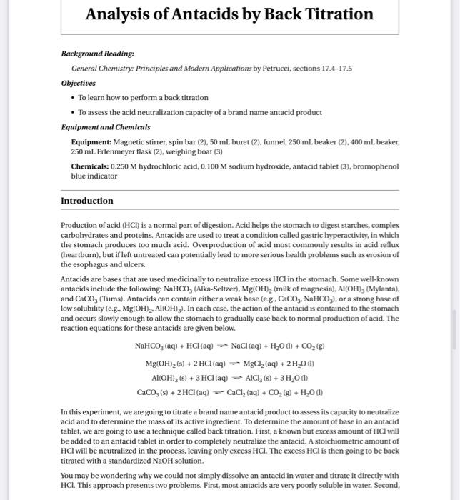 Solved Analysis Of Antacids By Back Titration Tablet 1 | Chegg.com