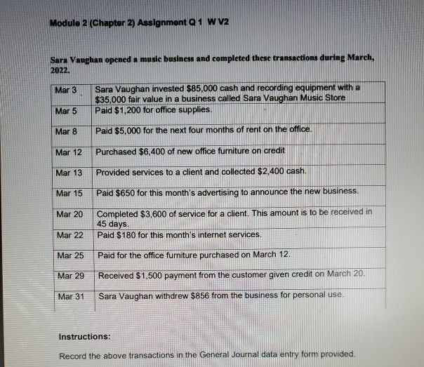 Solved Module 2 (Chapter 2) Assignment Q 1 W V2 Sara Vaughan | Chegg.com