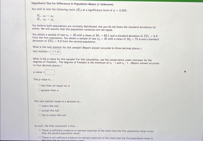 Solved Hypothesis Test for Difference in Population Means ( | Chegg.com
