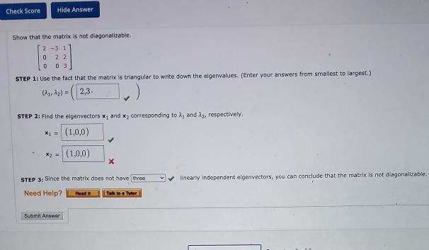 Solved Check Score Hide Answer Show that the matrix is not | Chegg.com
