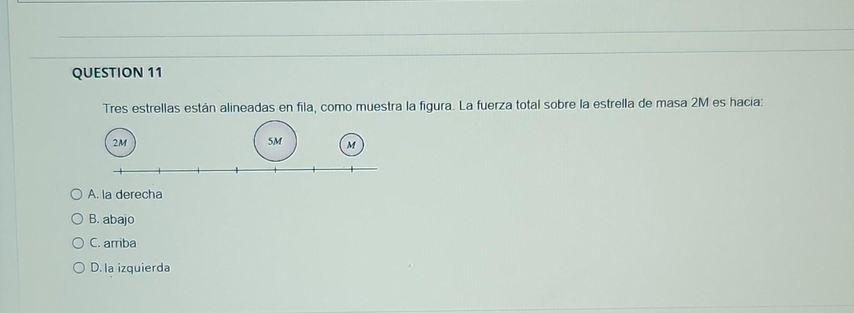 Tres estrellas están alineadas en fila, como muestra la figura. La fuerza total sobre la estrella de masa \( 2 \mathrm{M} \)