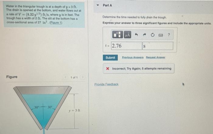 Solved Water in the triangular trough is at a depth of | Chegg.com