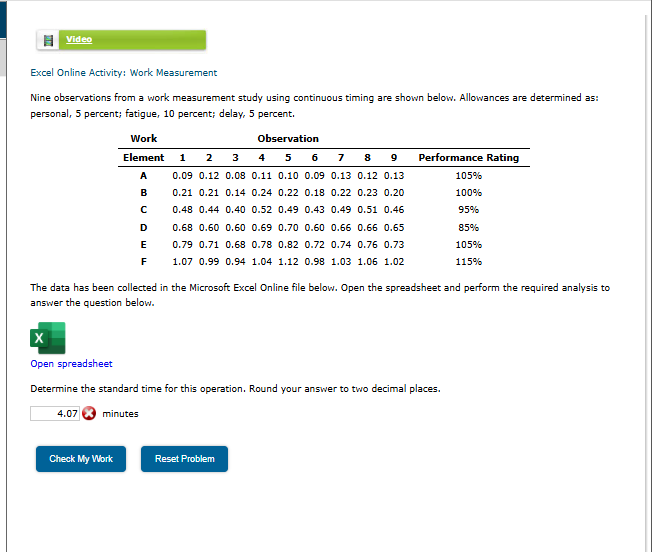 Excel Online Activity: Work MeasurementNine | Chegg.com