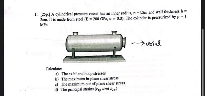 Solved 1. [25p.] A cylindrical pressure vessel has an inner | Chegg.com