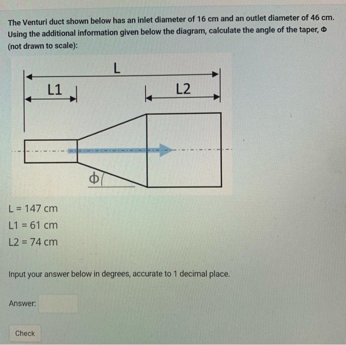 Solved The Venturi duct shown below has an inlet diameter of | Chegg.com