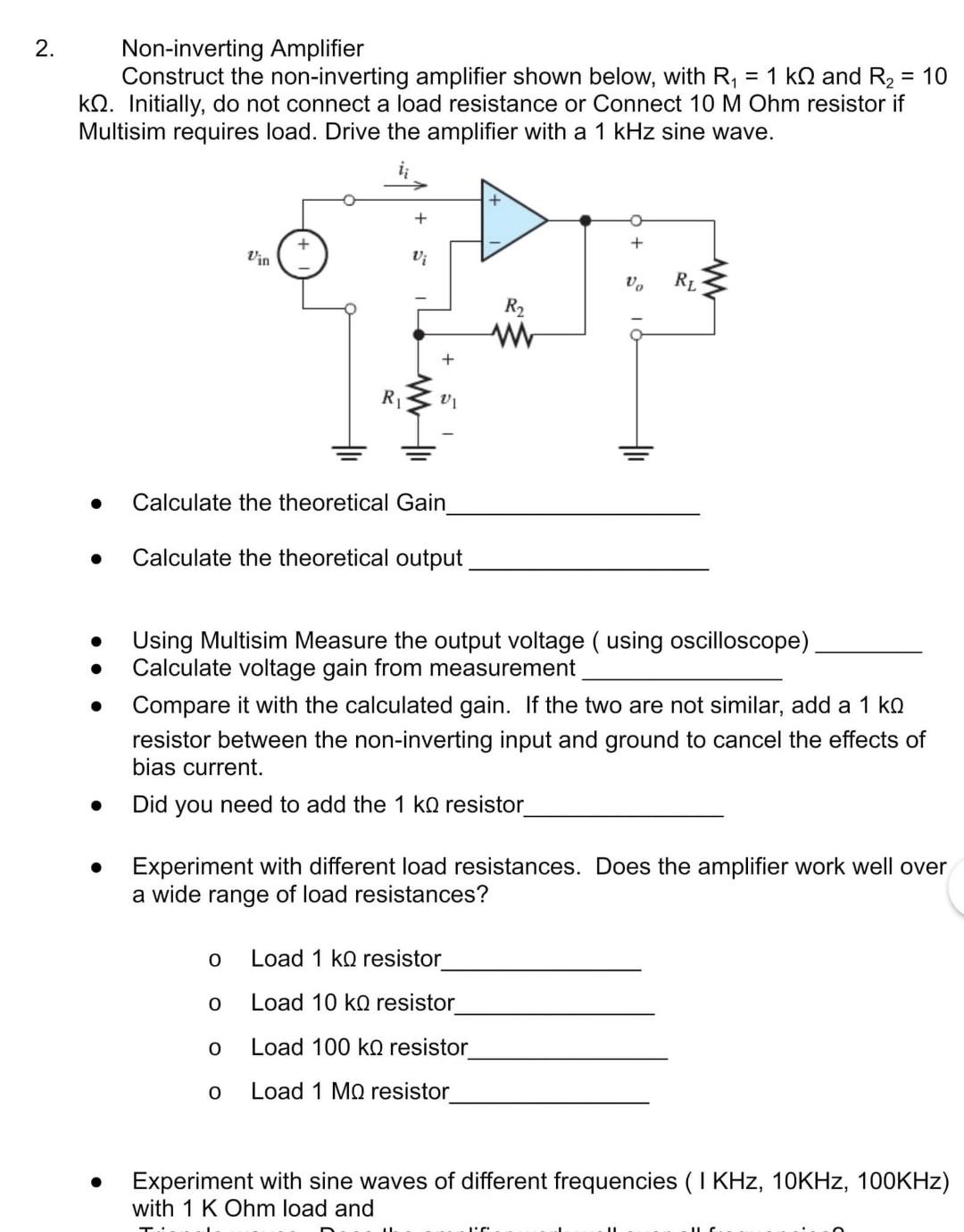 Solved 2. Non-inverting Amplifier Construct The | Chegg.com