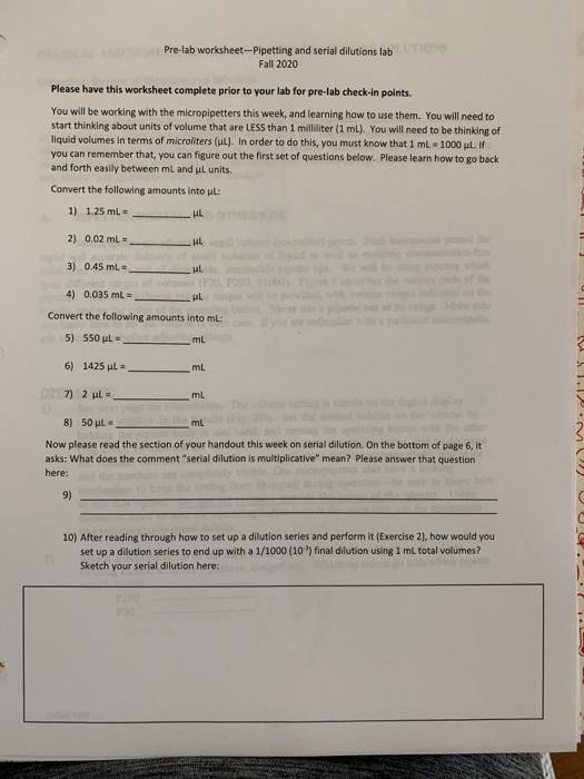 Solved Prelab worksheetPipetting and serial dilutions lab