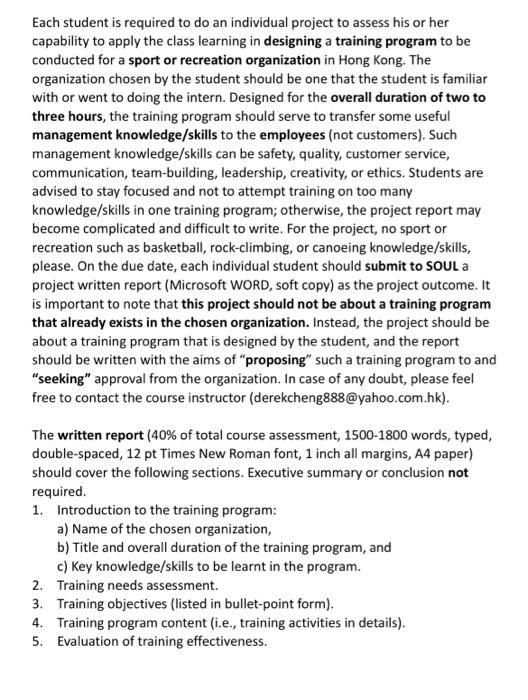 Solved designing a training program to be conducted for a | Chegg.com